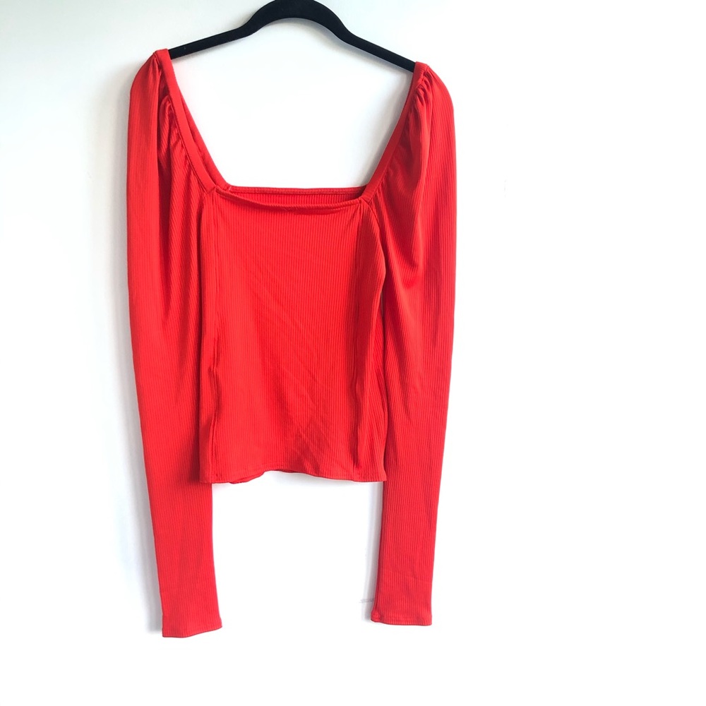 Free People Puffy Long Sleeve Square Neck Top Red